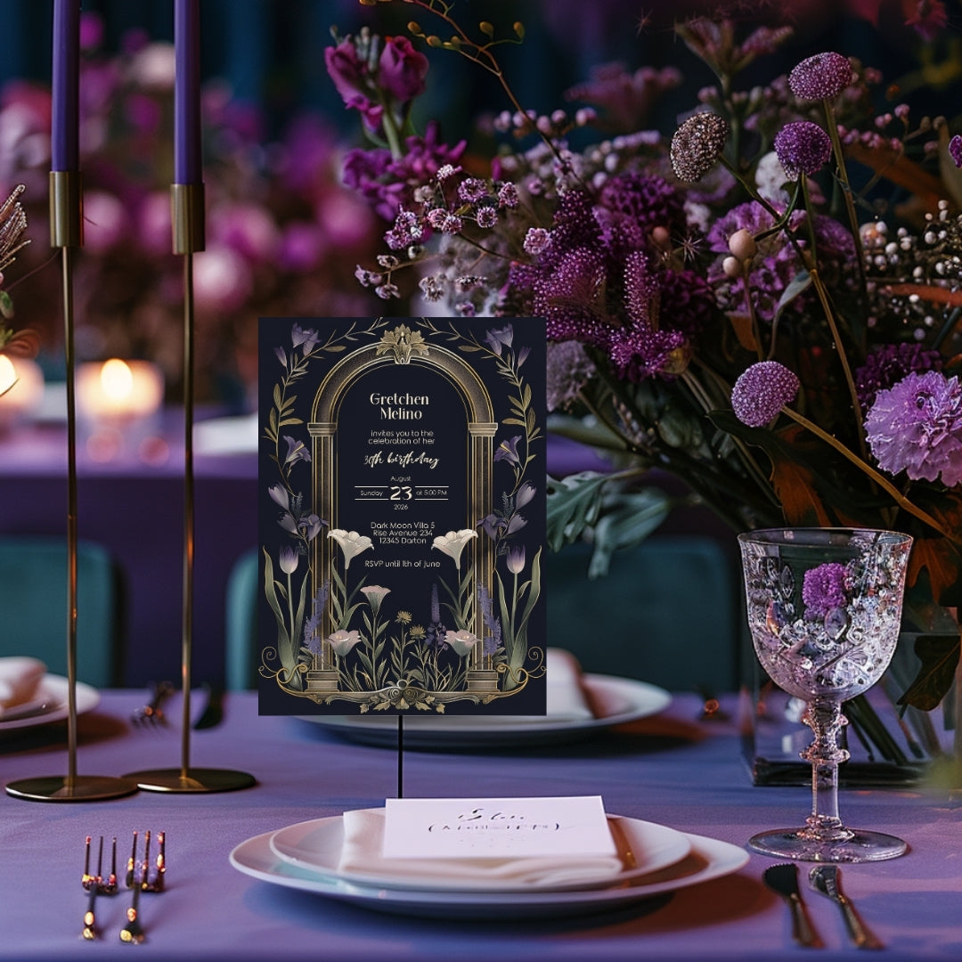 Purple Floral Gothic Arch Birthday Invitation