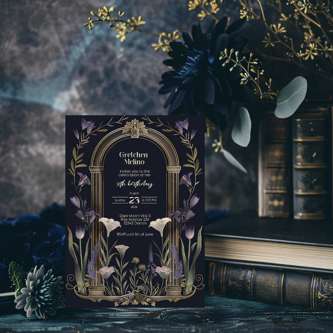 Purple Floral Gothic Arch Birthday Invitation
