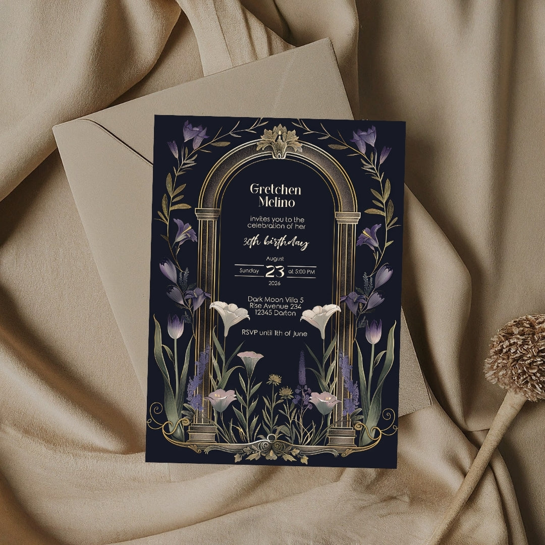 Purple Floral Gothic Arch Birthday Invitation