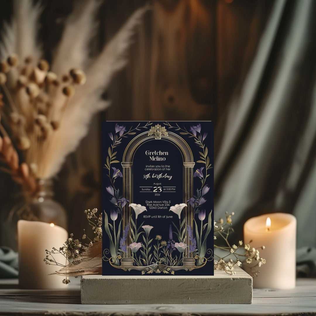 Purple Floral Gothic Arch Birthday Invitation