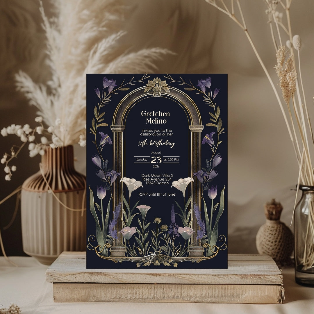 Purple Floral Gothic Arch Birthday Invitation