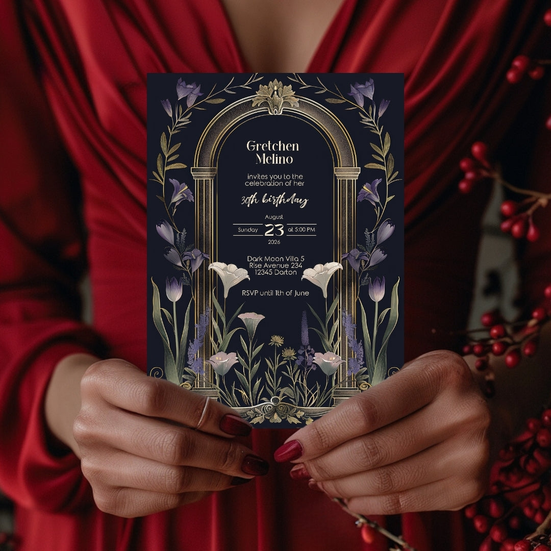 Purple Floral Gothic Arch Birthday Invitation