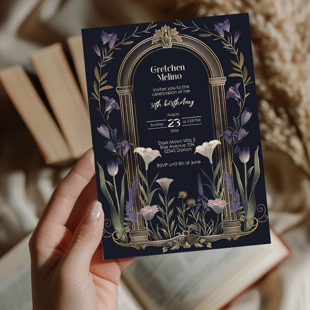 Purple Floral Gothic Arch Birthday Invitation