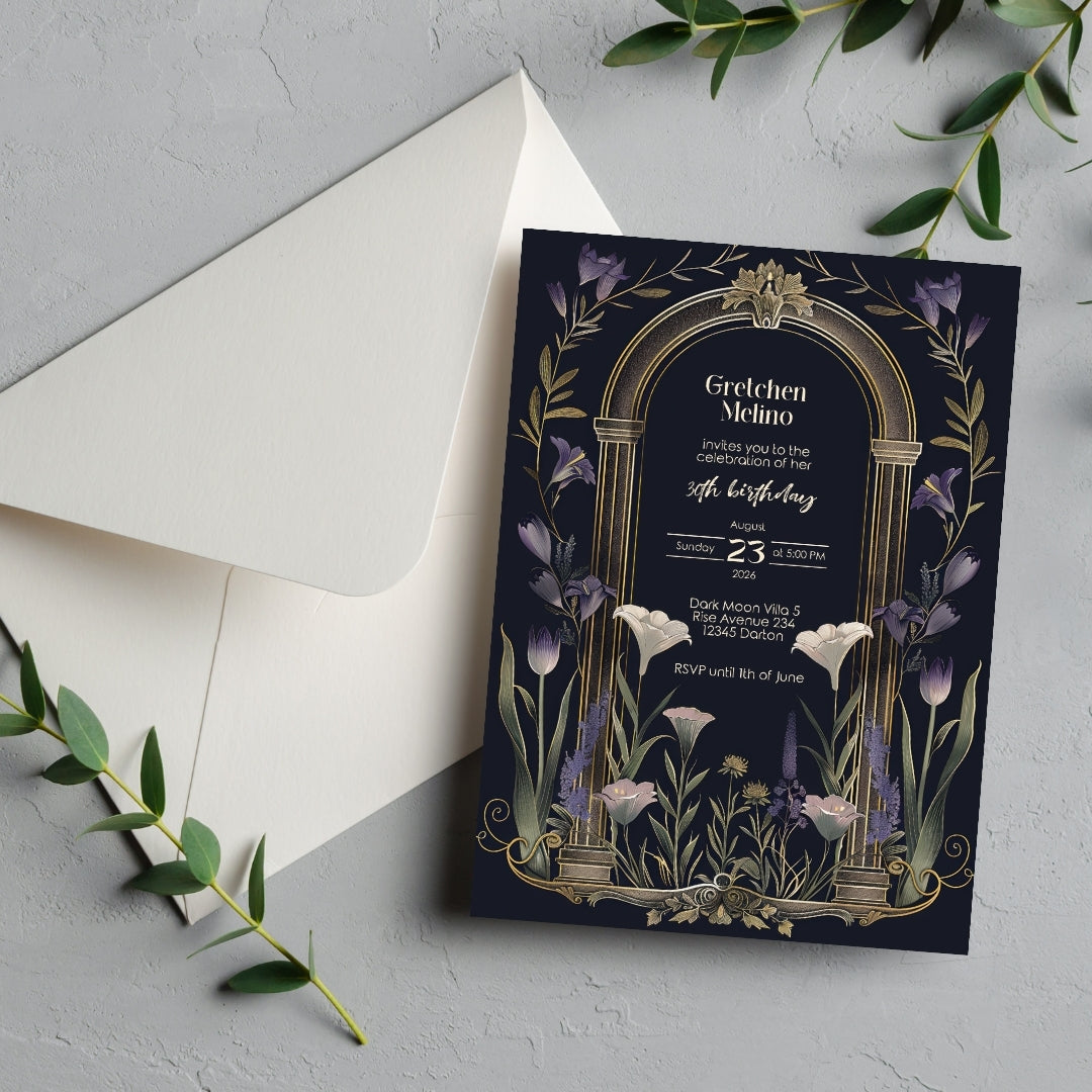 Purple Floral Gothic Arch Birthday Invitation