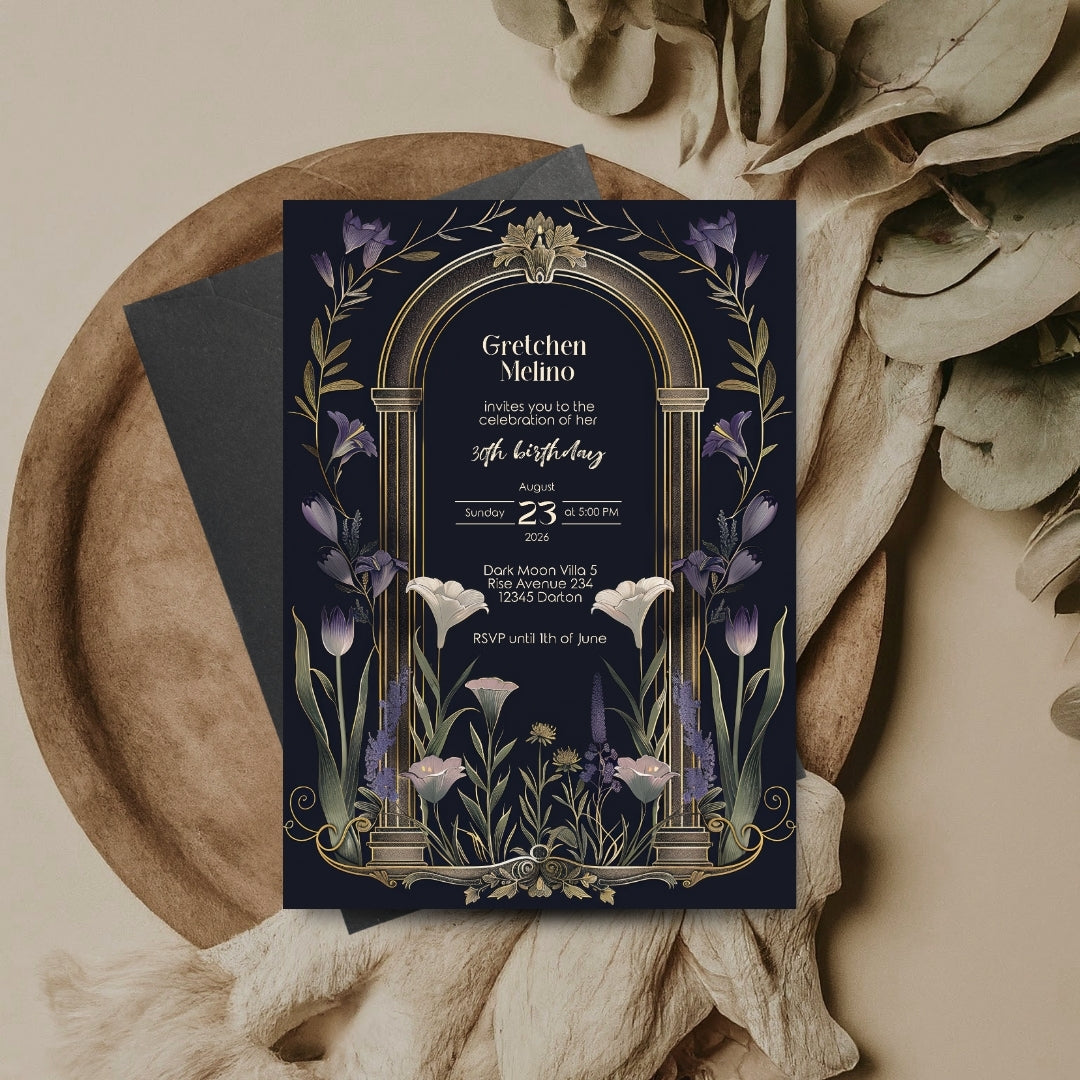 Purple Floral Gothic Arch Birthday Invitation