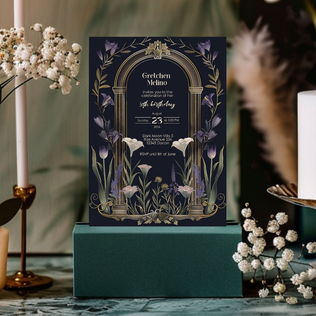 Purple Floral Gothic Arch Birthday Invitation