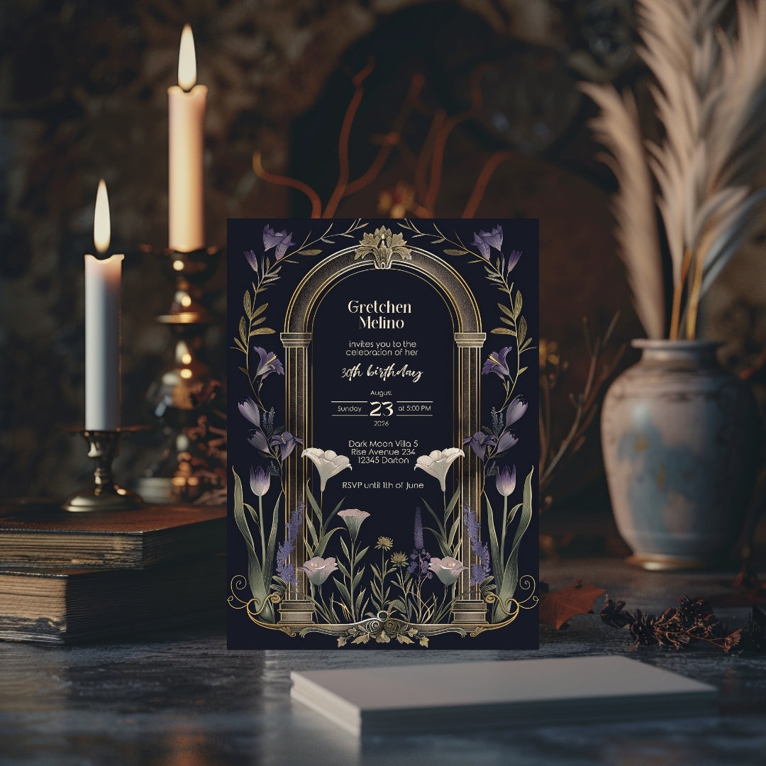 Purple Floral Gothic Arch Birthday Invitation