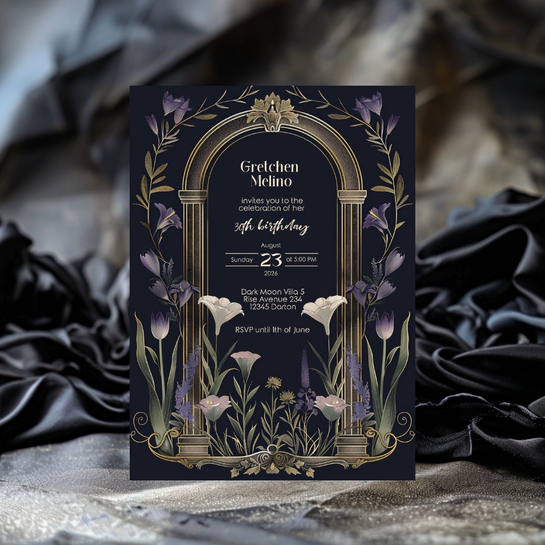 Purple Floral Gothic Arch Birthday Invitation