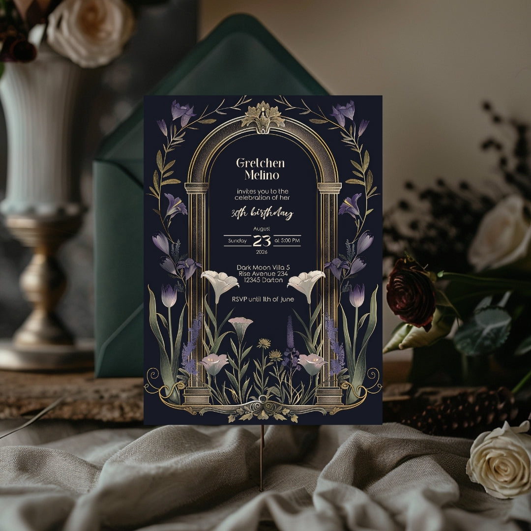 Purple Floral Gothic Arch Birthday Invitation