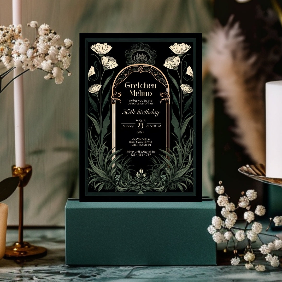 Green Gothic Art Deco Birthday Invitation