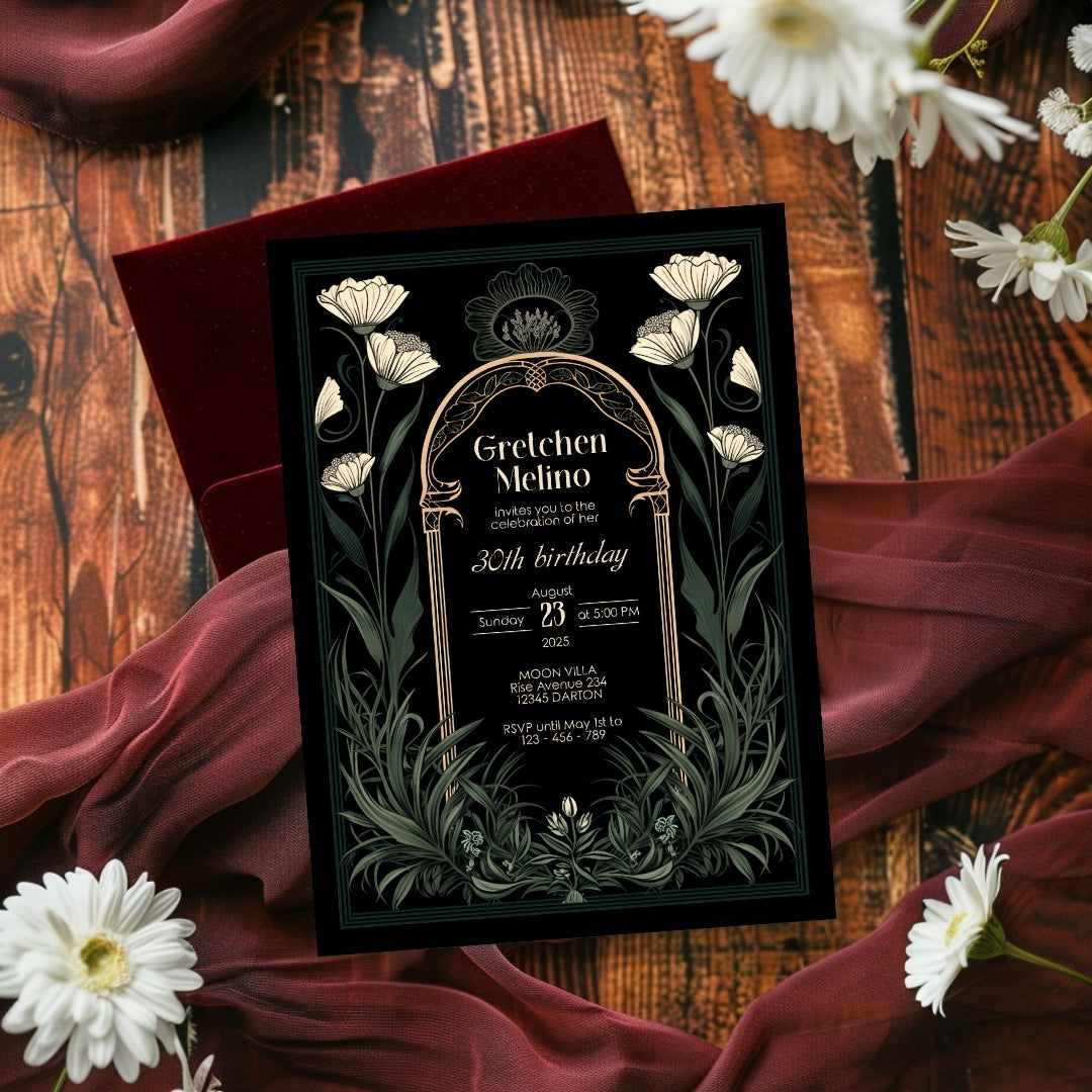 Green Gothic Art Deco Birthday Invitation