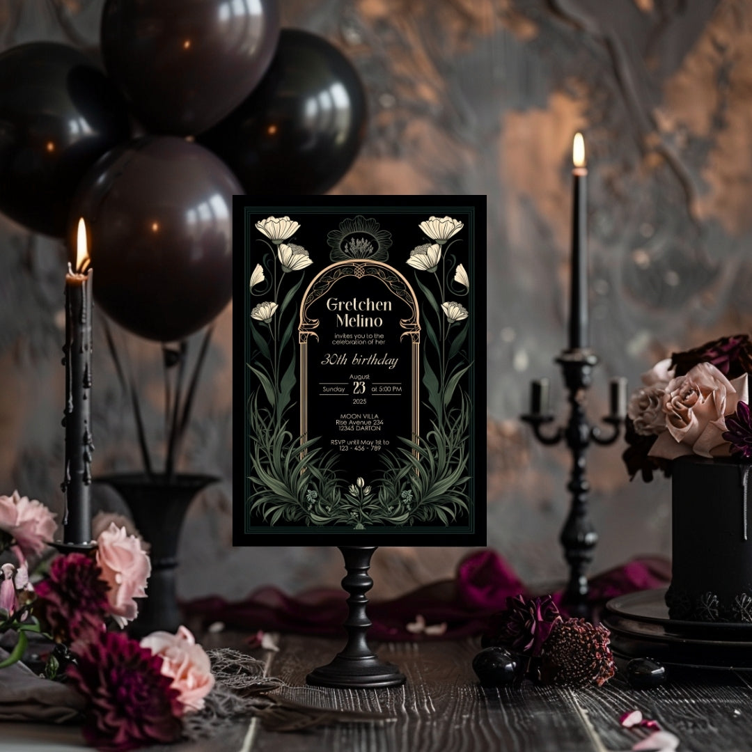 Green Gothic Art Deco Birthday Invitation