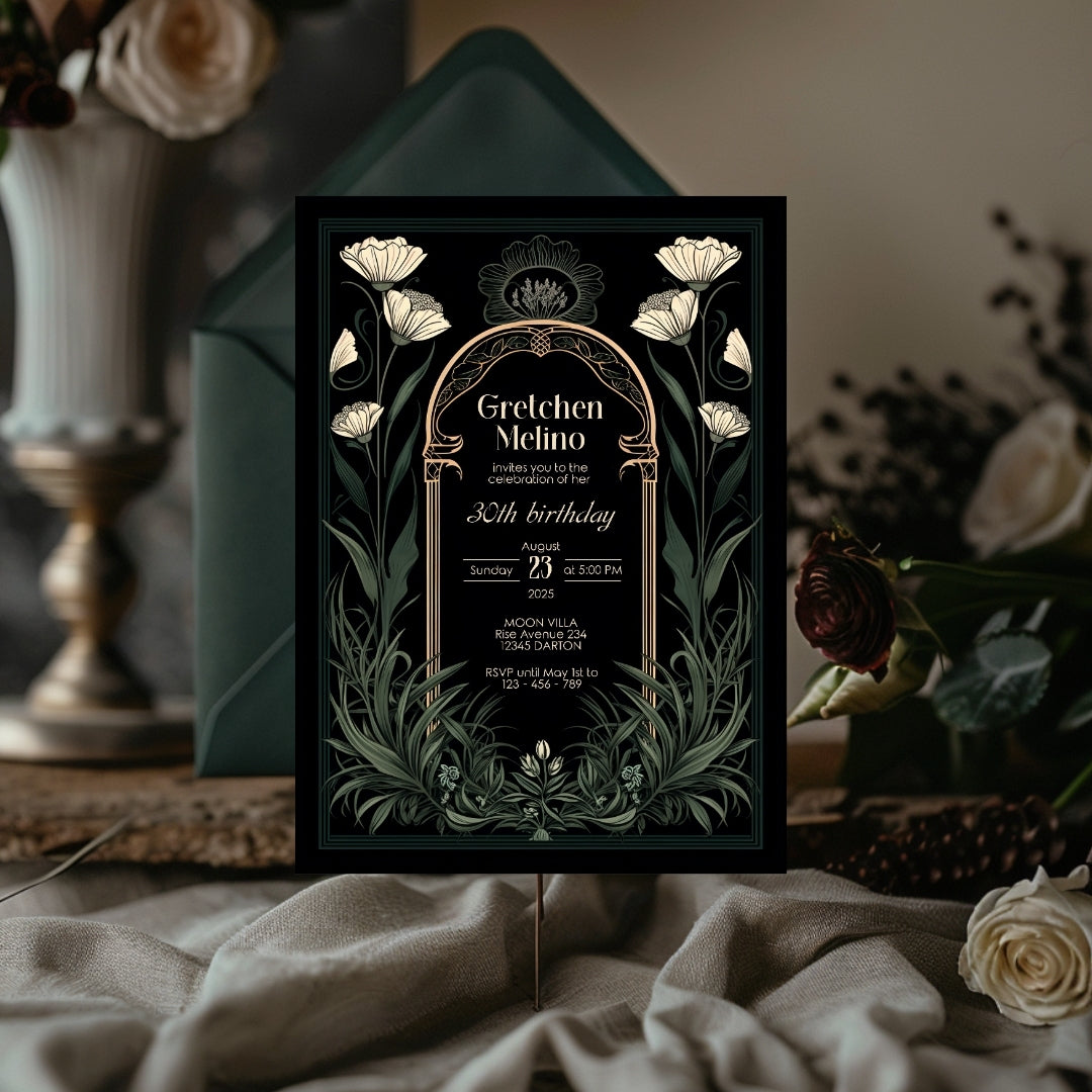 Green Gothic Art Deco Birthday Invitation