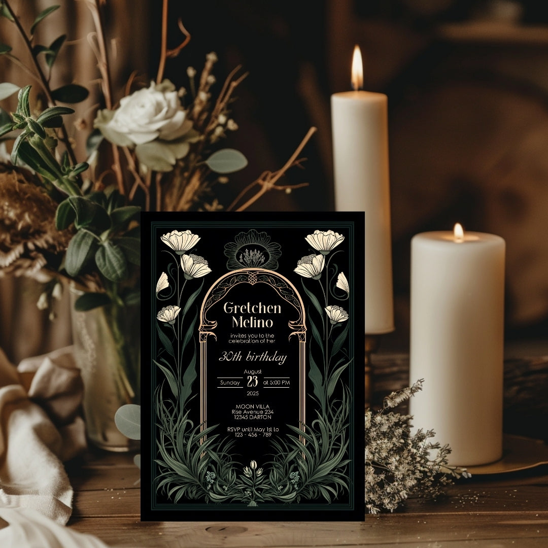 Green Gothic Art Deco Birthday Invitation
