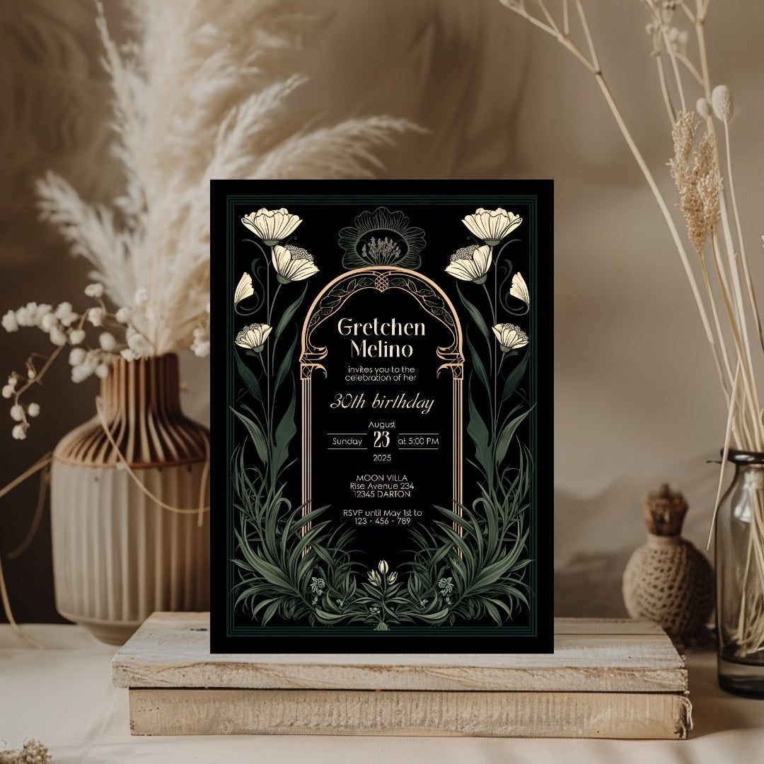 Green Gothic Art Deco Birthday Invitation