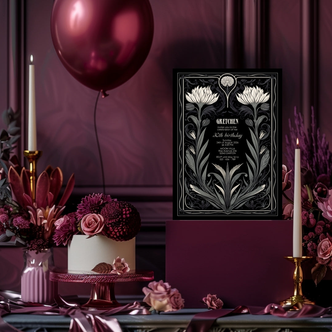 Grey Gothic Floral Art Deco Birthday Invitation