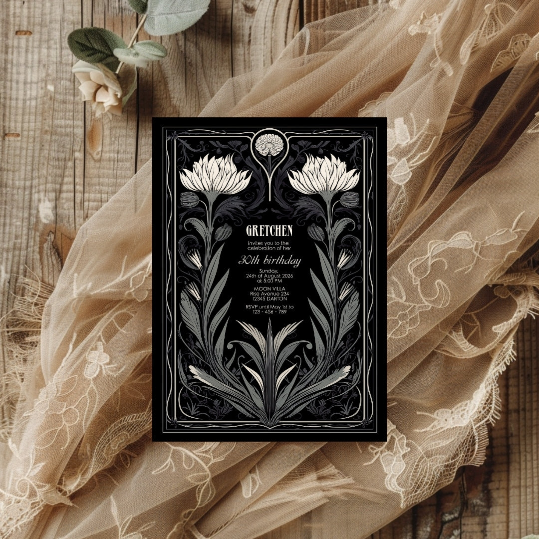 Grey Gothic Floral Art Deco Birthday Invitation