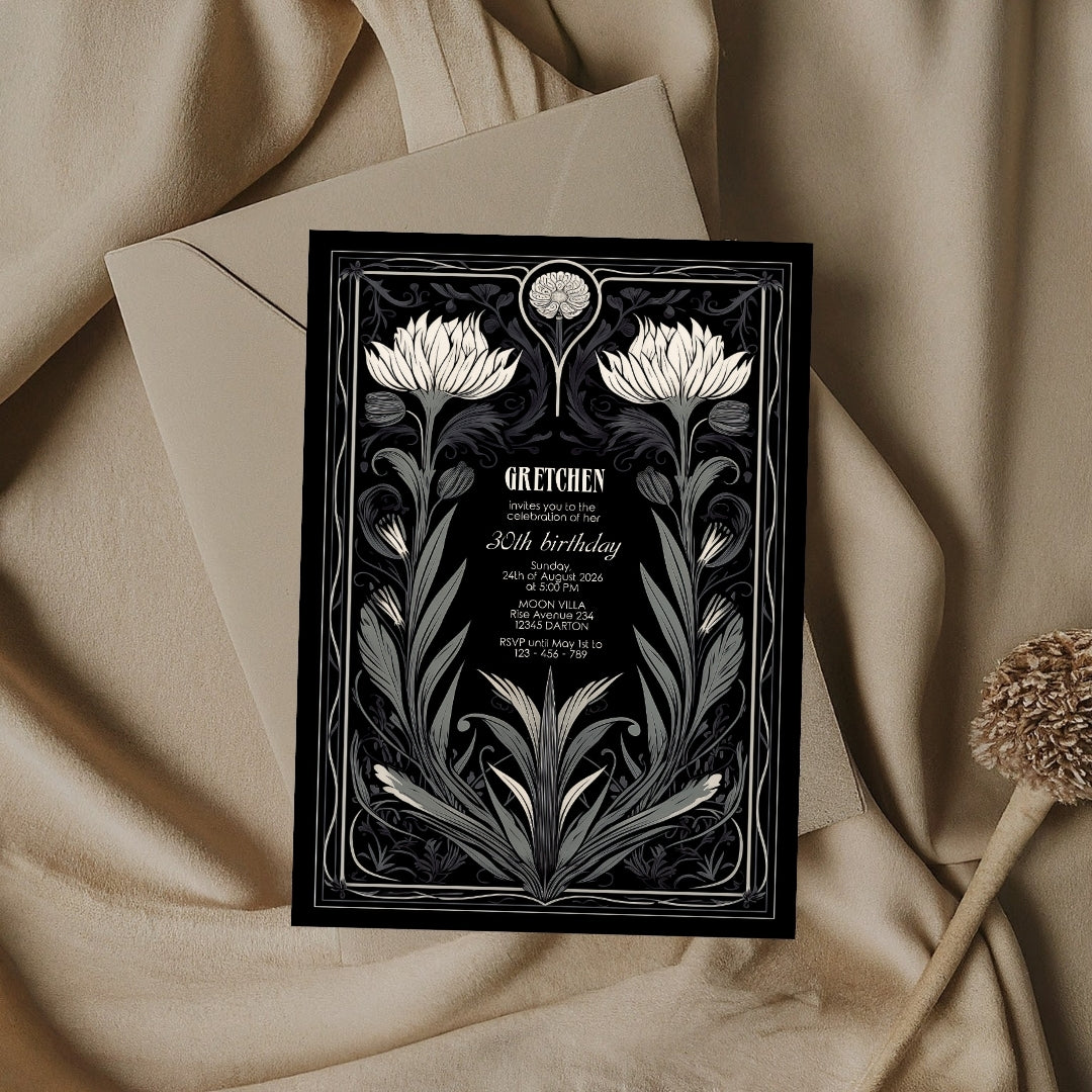 Grey Gothic Floral Art Deco Birthday Invitation