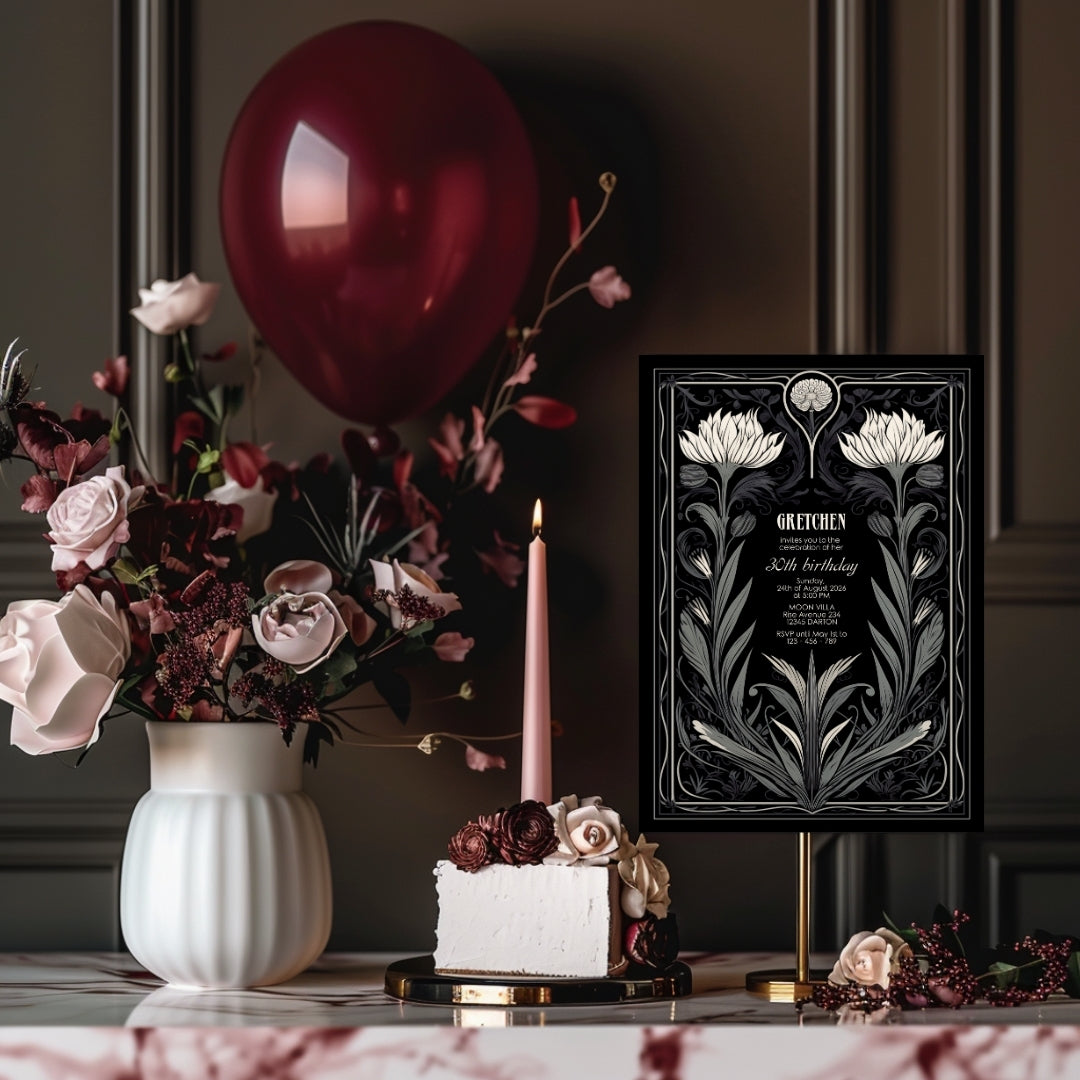 Grey Gothic Floral Art Deco Birthday Invitation