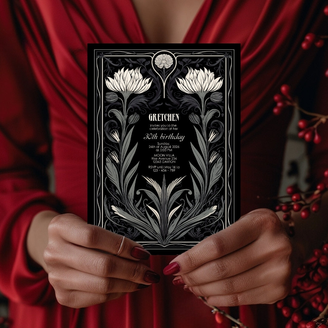 Grey Gothic Floral Art Deco Birthday Invitation