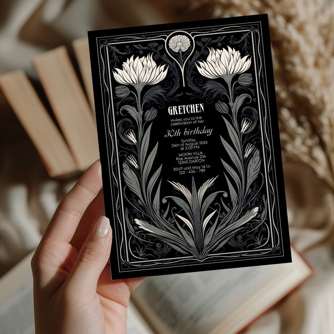 Grey Gothic Floral Art Deco Birthday Invitation
