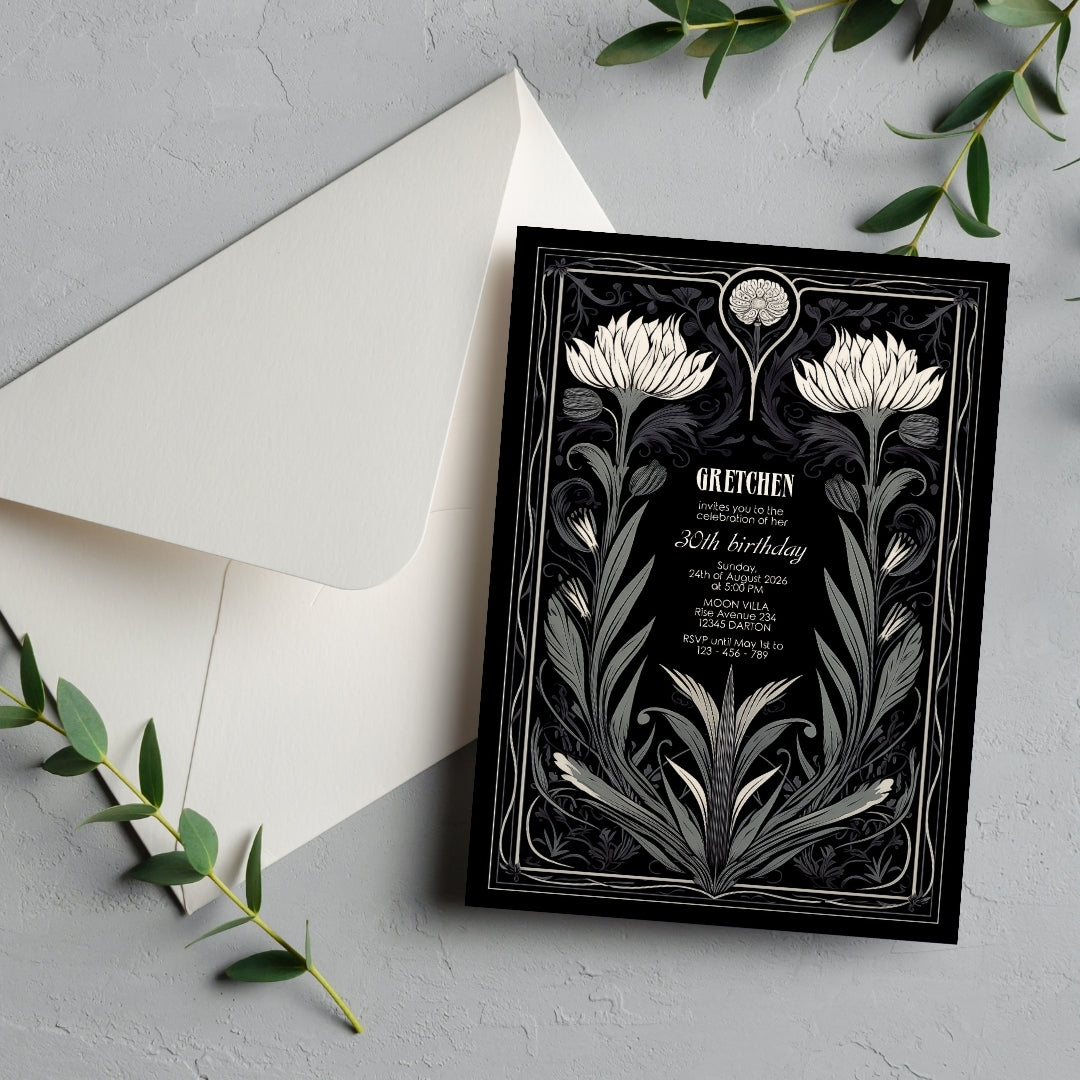 Grey Gothic Floral Art Deco Birthday Invitation