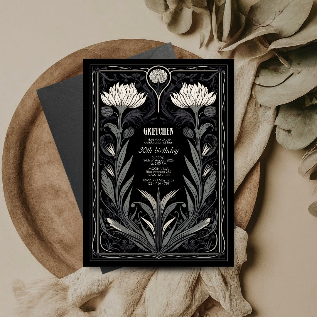 Grey Gothic Floral Art Deco Birthday Invitation