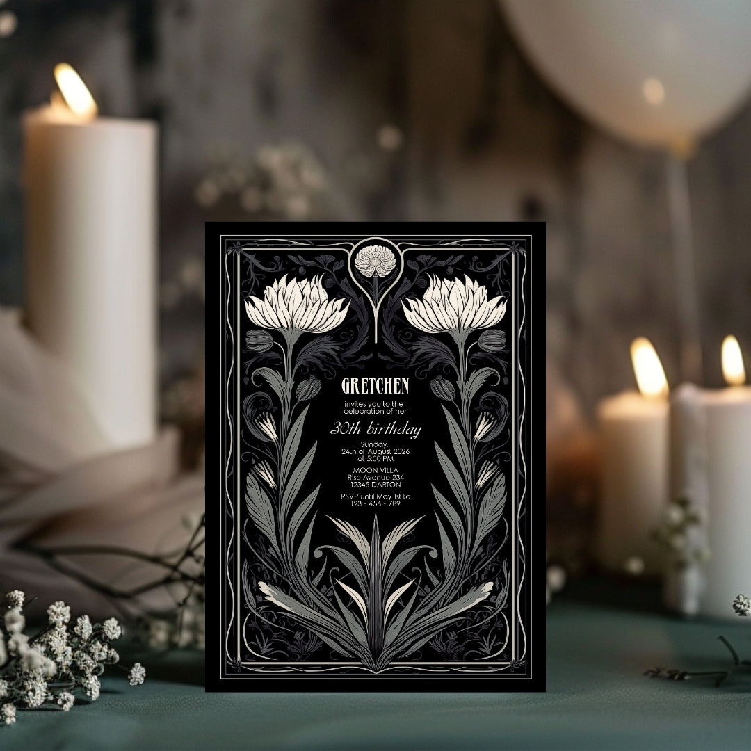Grey Gothic Floral Art Deco Birthday Invitation