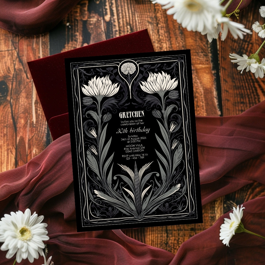 Grey Gothic Floral Art Deco Birthday Invitation