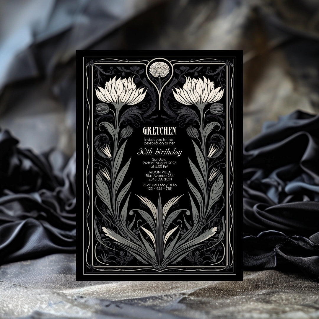 Grey Gothic Floral Art Deco Birthday Invitation
