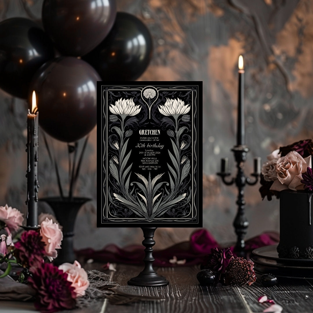 Grey Gothic Floral Art Deco Birthday Invitation