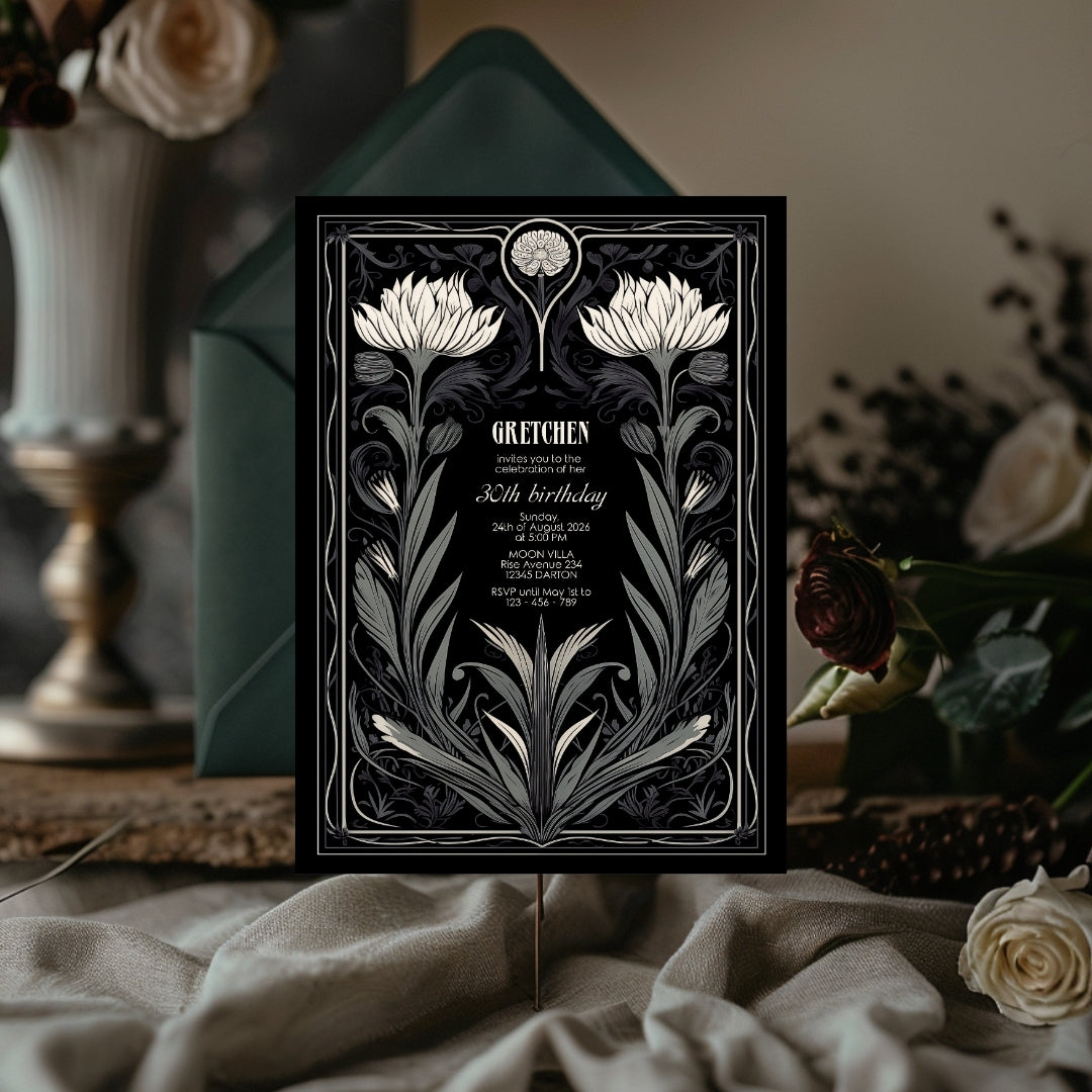 Grey Gothic Floral Art Deco Birthday Invitation