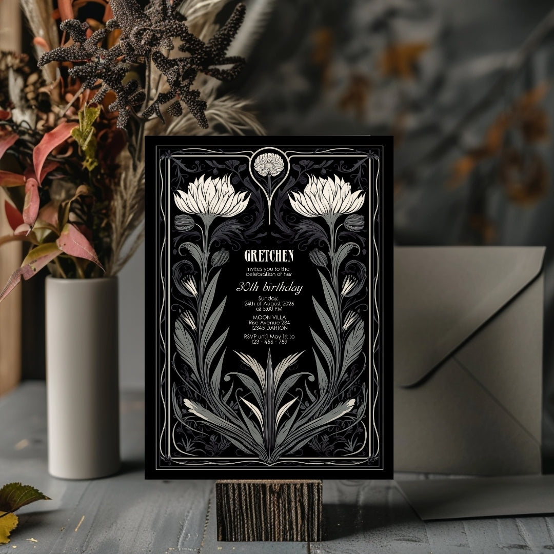 Grey Gothic Floral Art Deco Birthday Invitation