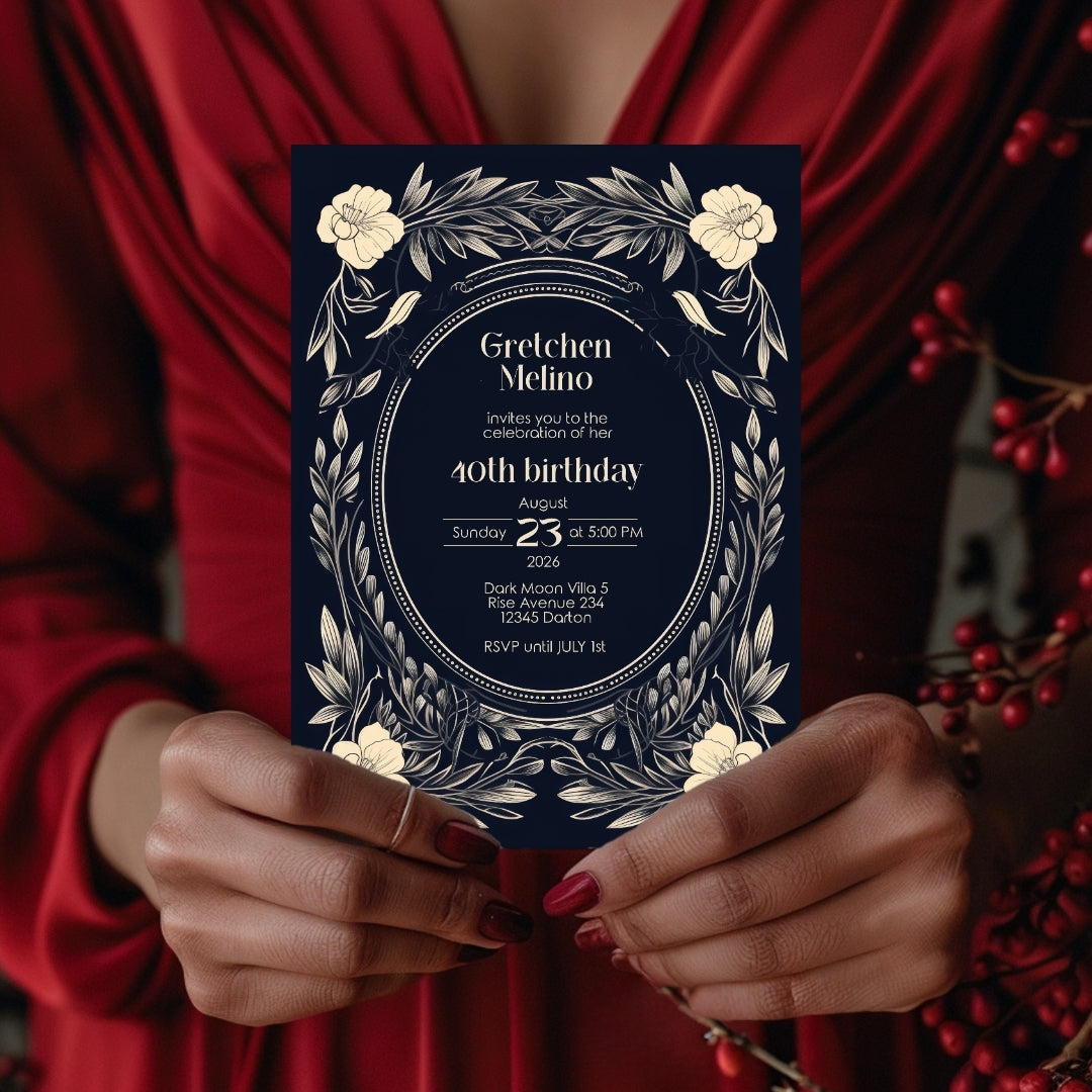 Elegant Gothic Floral Navy Birthday Invitation