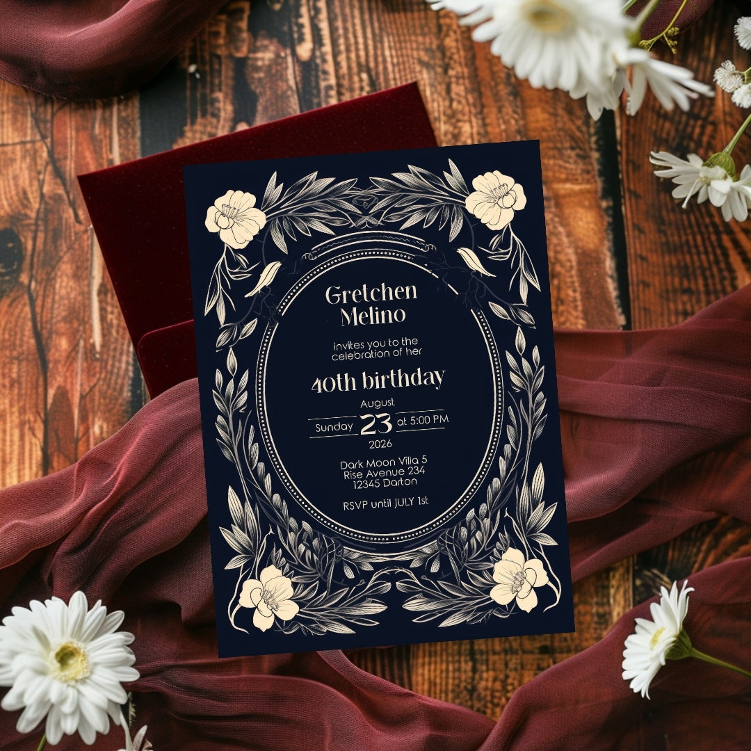 Elegant Gothic Floral Navy Birthday Invitation