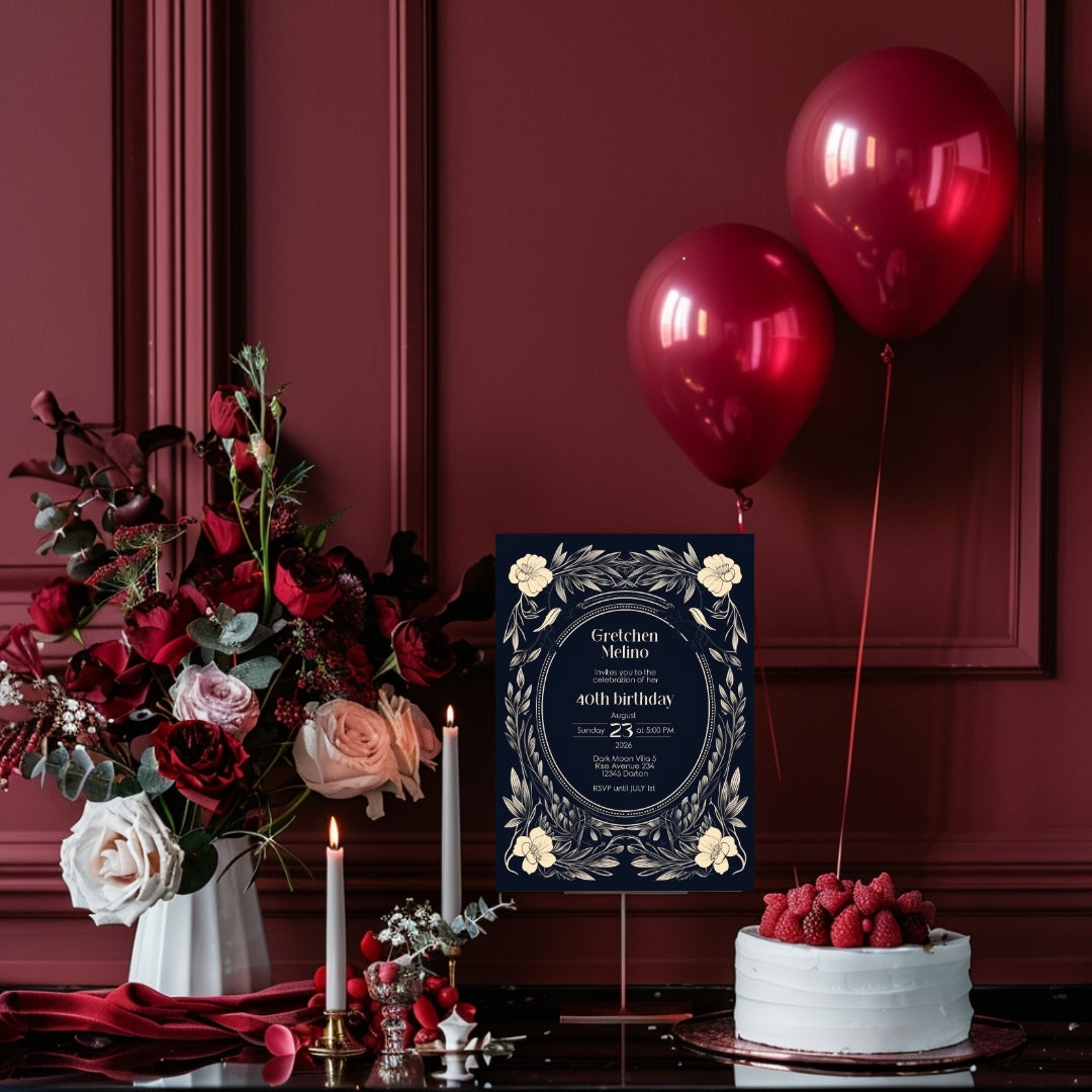 Elegant Gothic Floral Navy Birthday Invitation