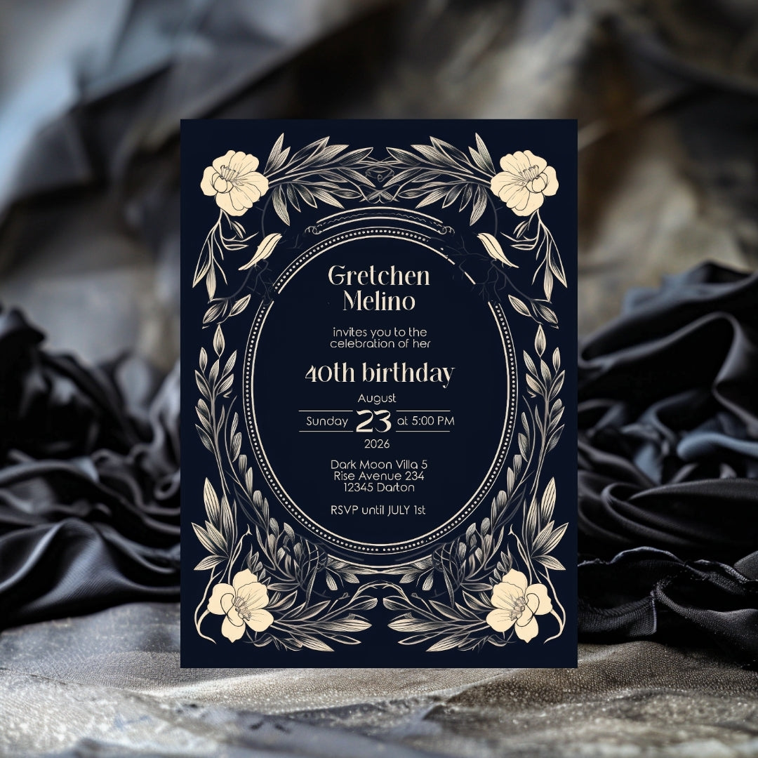 Elegant Gothic Floral Navy Birthday Invitation