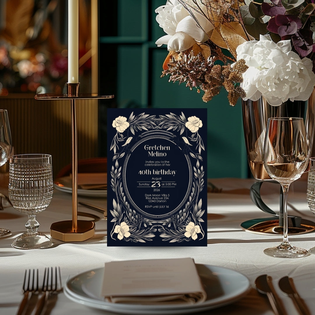 Elegant Gothic Floral Navy Birthday Invitation