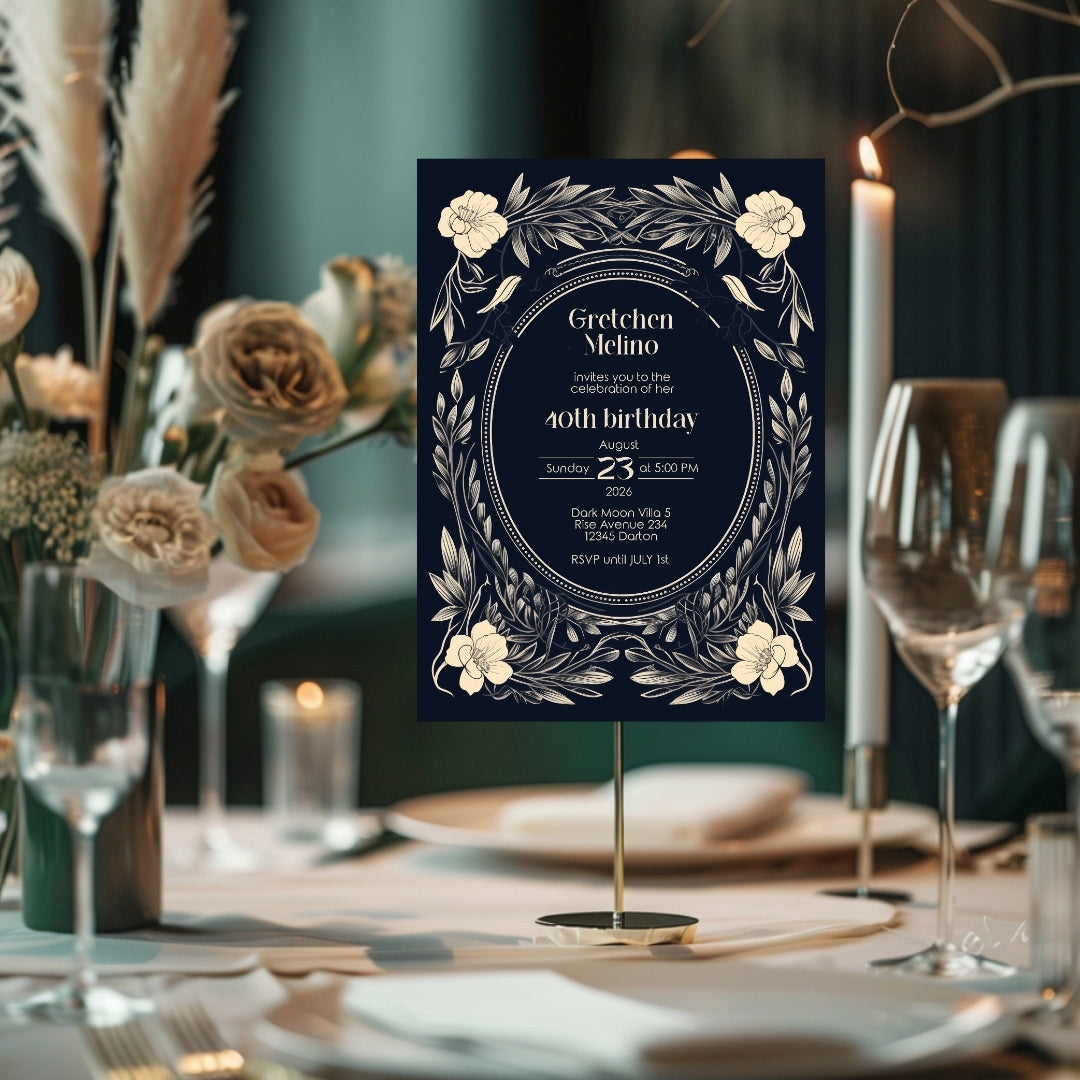 Elegant Gothic Floral Navy Birthday Invitation