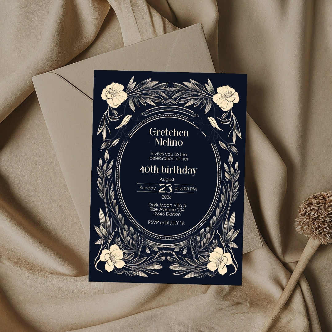 Elegant Gothic Floral Navy Birthday Invitation