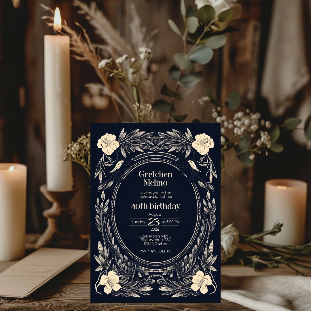 Elegant Gothic Floral Navy Birthday Invitation