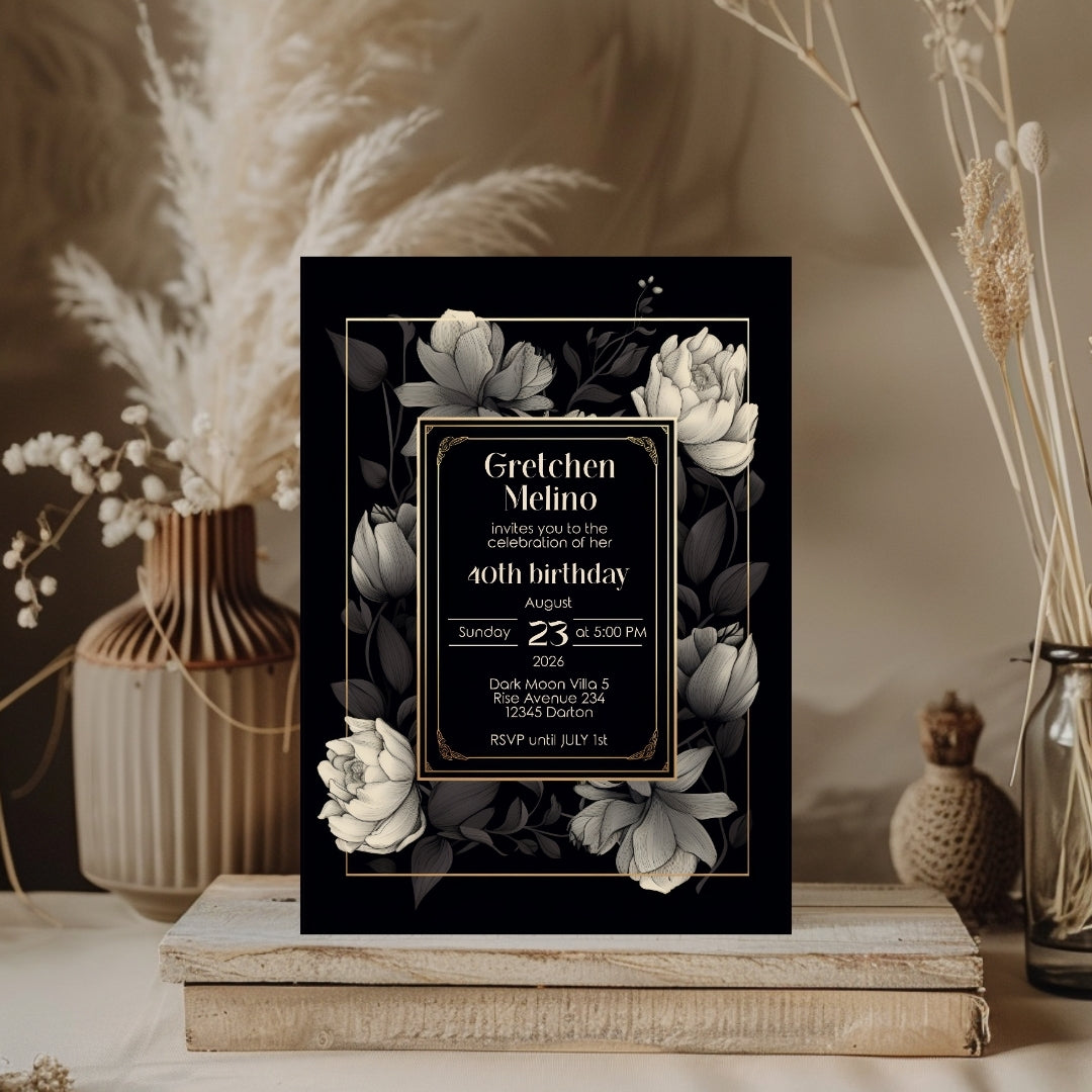 Gothic Elegance Birthday Invitation - Black and Gold Floral Design
