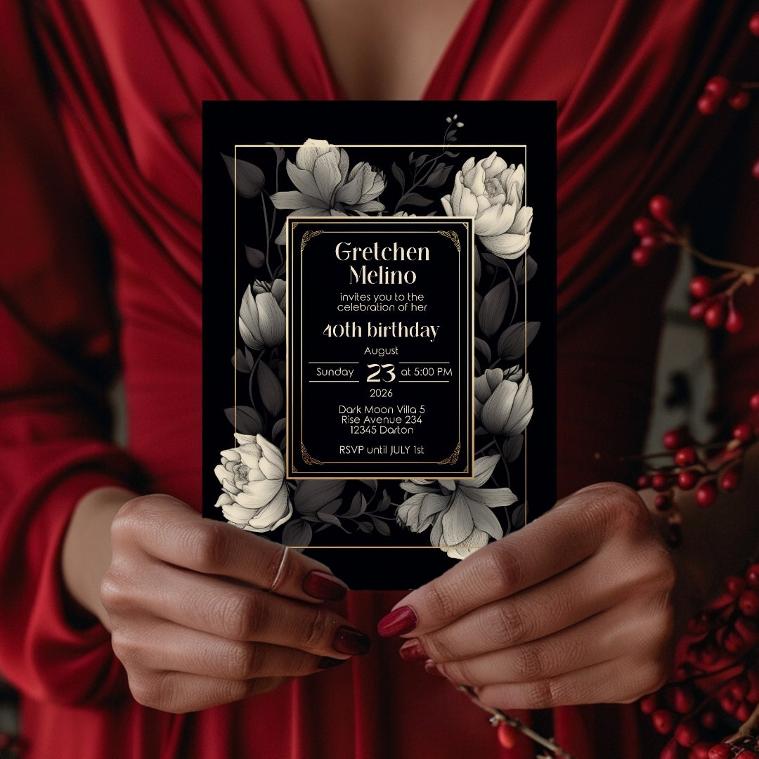 Gothic Elegance Birthday Invitation - Black and Gold Floral Design