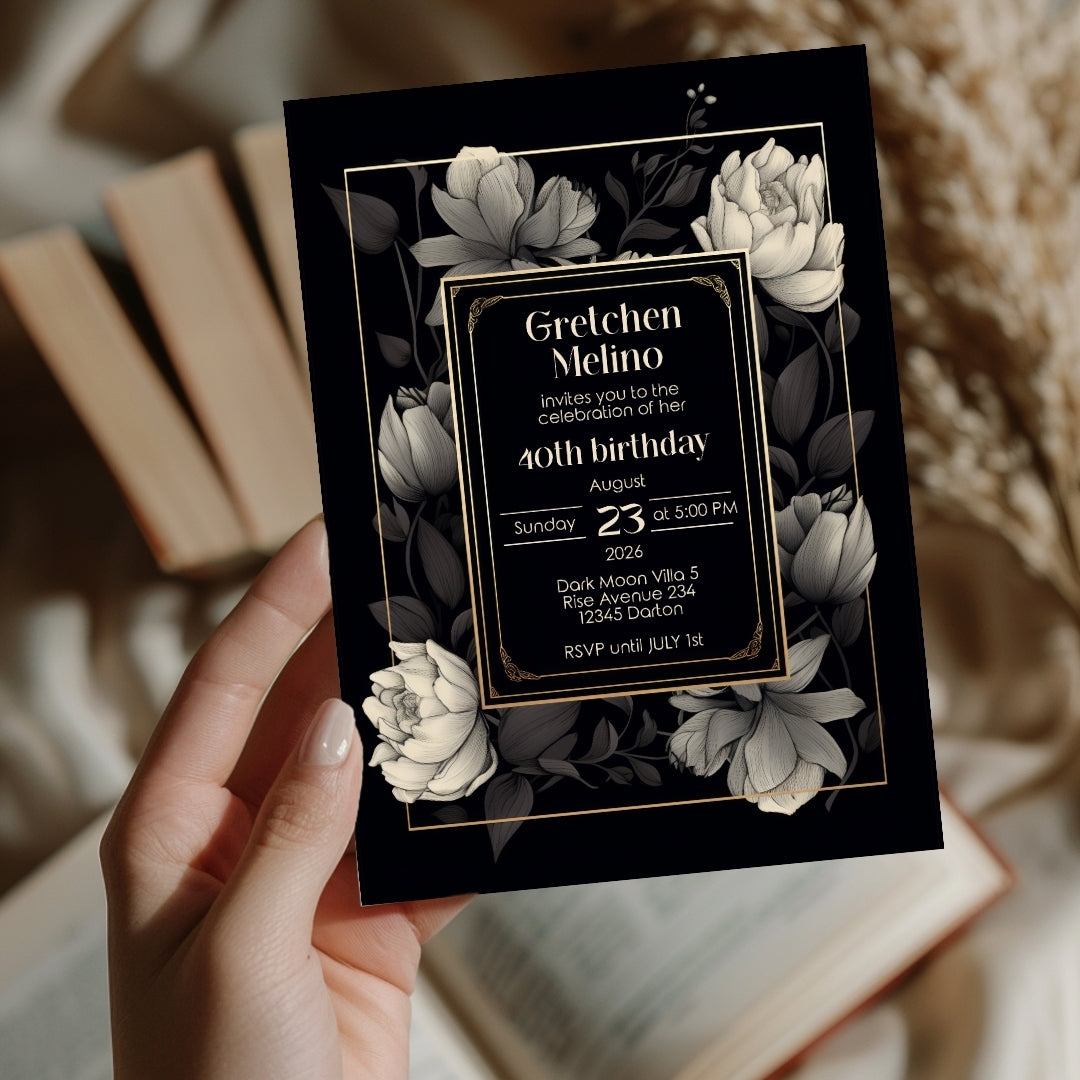 Gothic Elegance Birthday Invitation - Black and Gold Floral Design