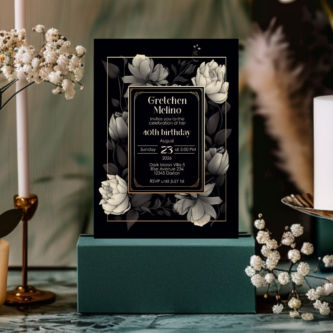 Gothic Elegance Birthday Invitation - Black and Gold Floral Design