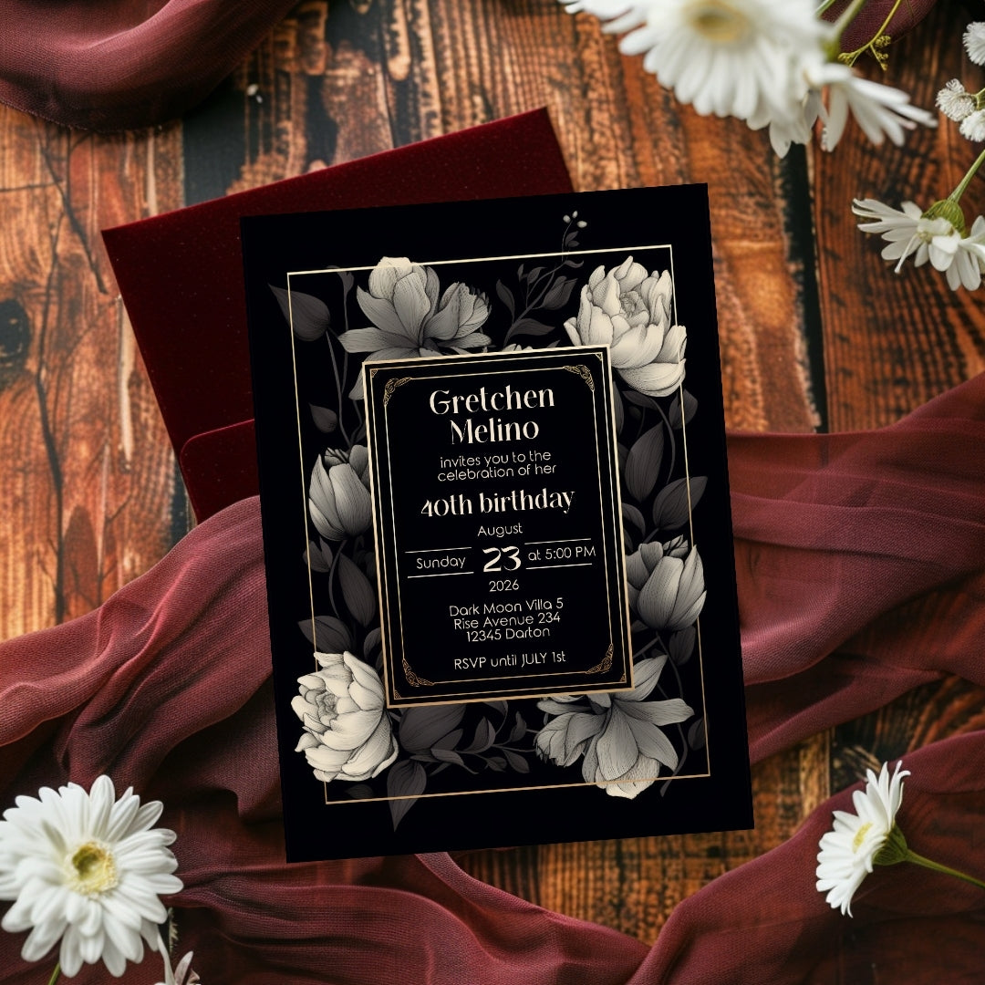 Gothic Elegance Birthday Invitation - Black and Gold Floral Design