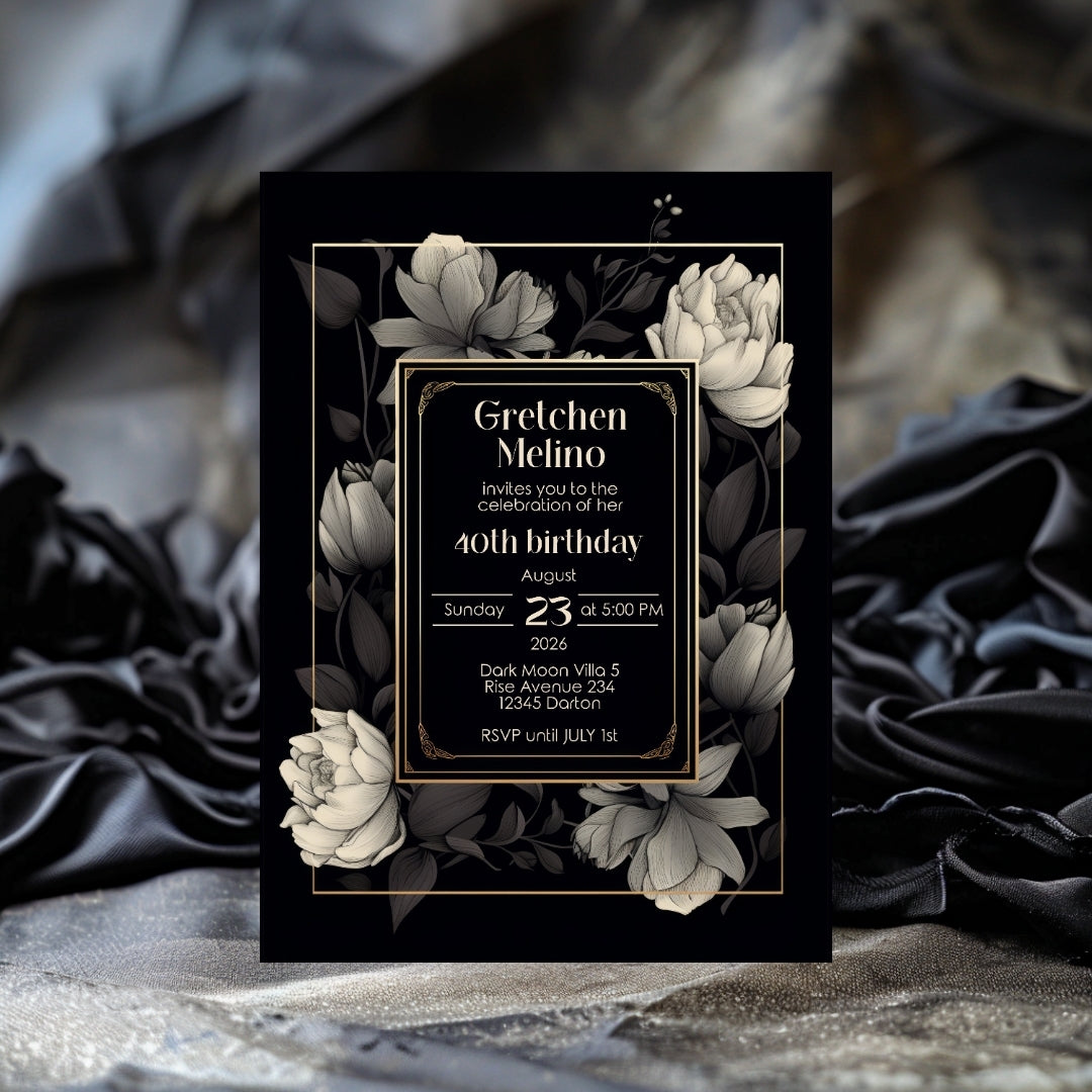 Gothic Elegance Birthday Invitation - Black and Gold Floral Design