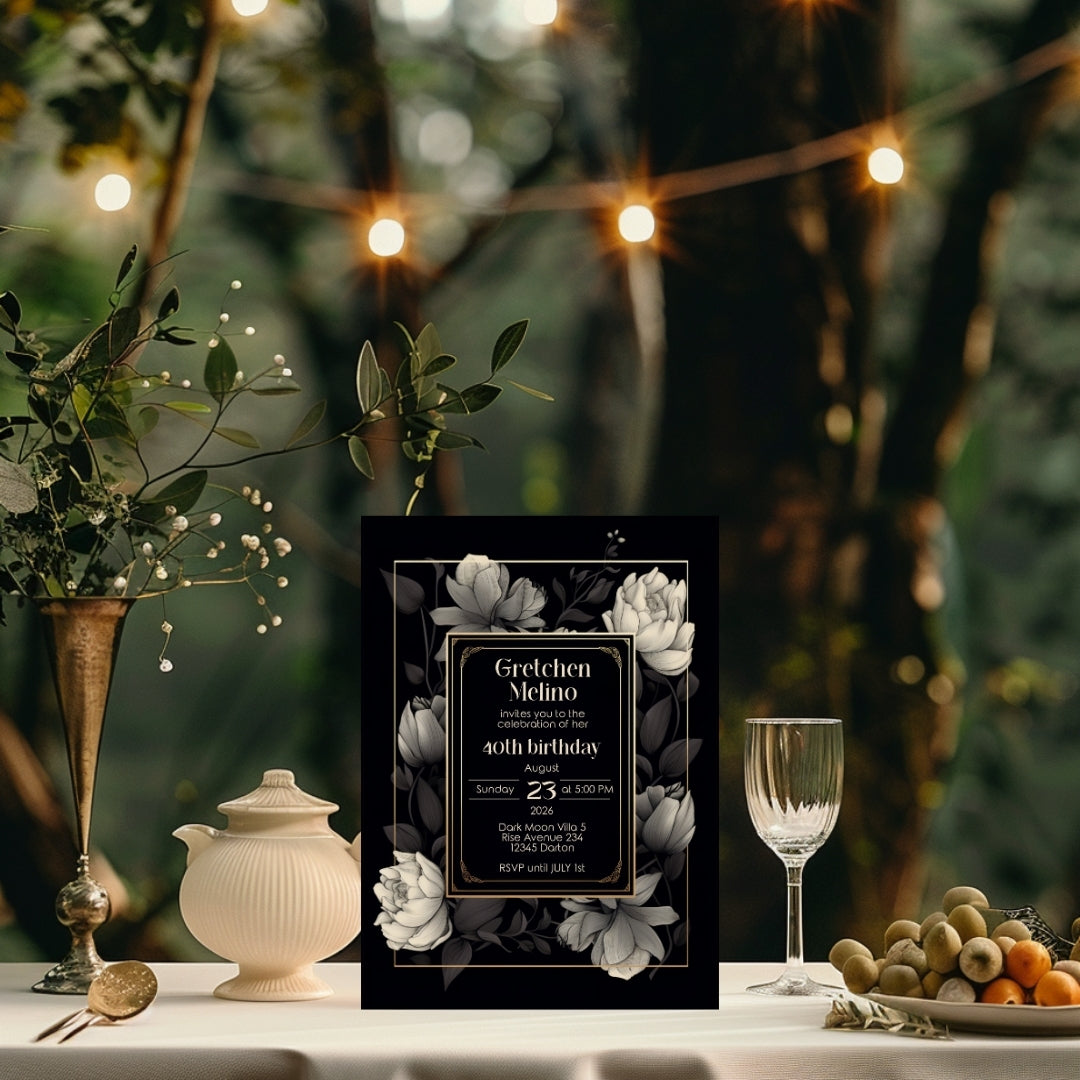 Gothic Elegance Birthday Invitation - Black and Gold Floral Design
