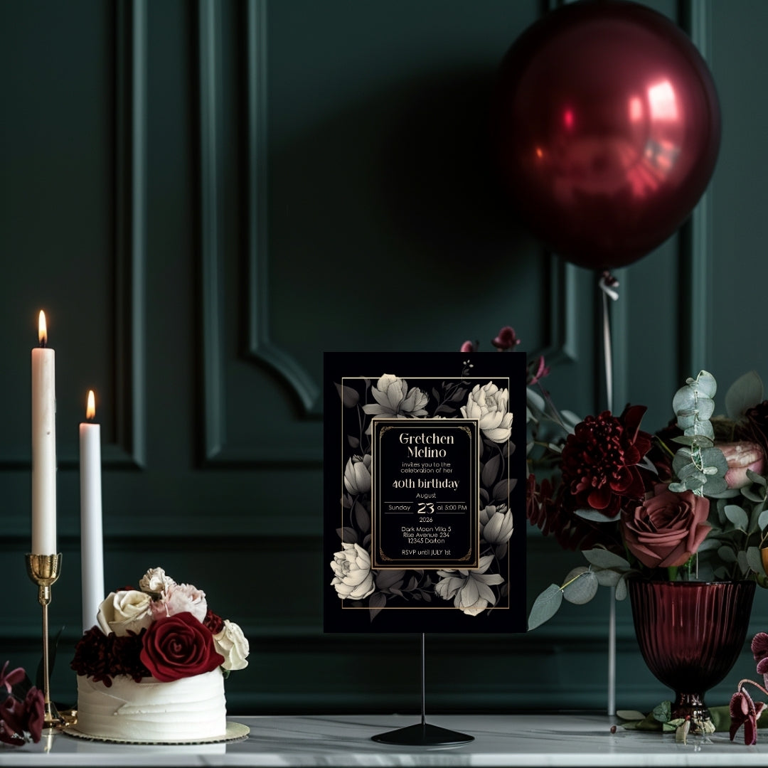 Gothic Elegance Birthday Invitation - Black and Gold Floral Design