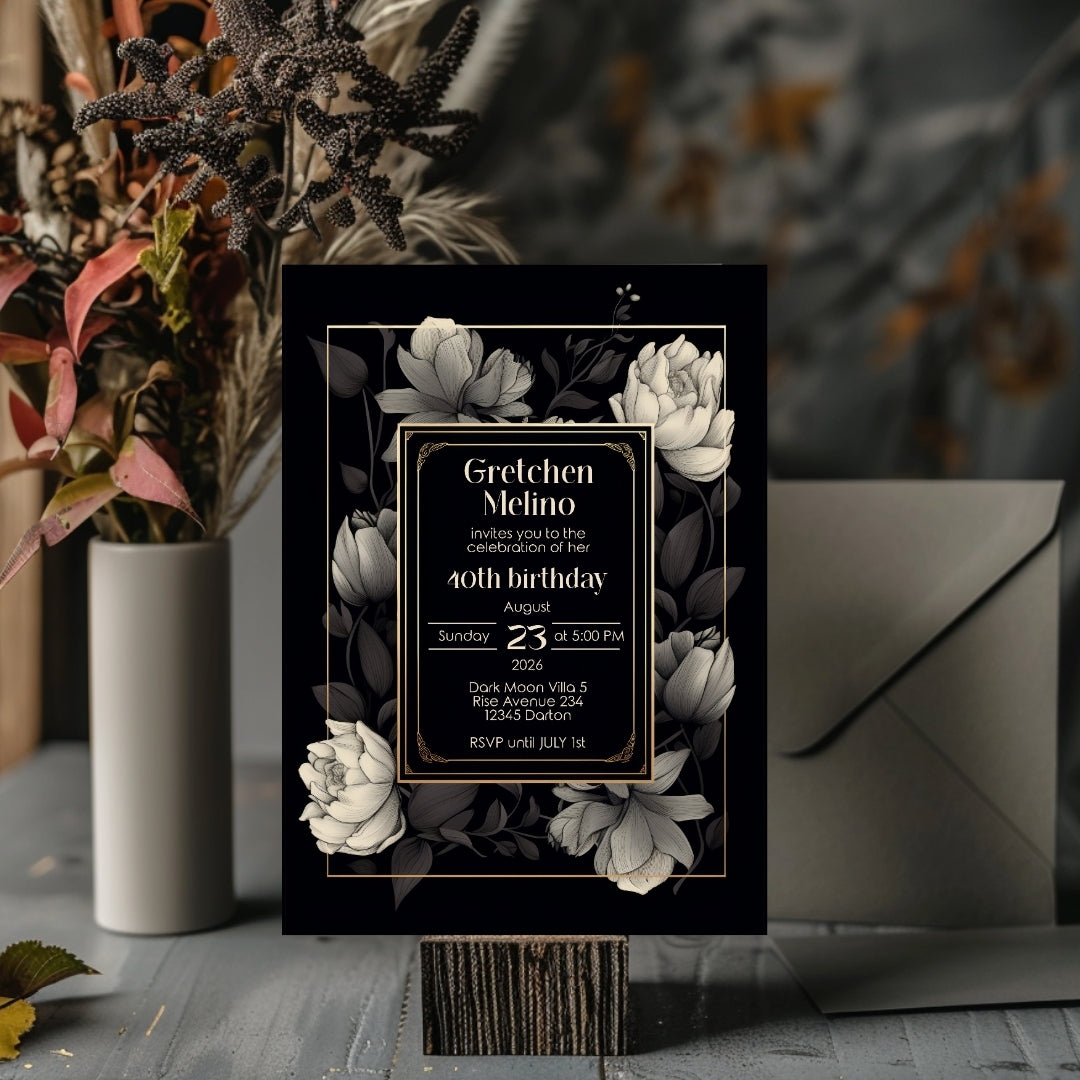 Gothic Elegance Birthday Invitation - Black and Gold Floral Design